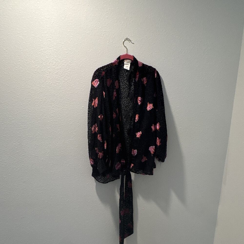 Feee people Women's Sheer Chiffon Floral Kimono Shawl/Wrap Black Pink 0086 - Picture 3 of 5